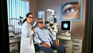 Fotografía de una clínica de oftalmología moderna. Un paciente hispano de mediana edad está sentado en una silla de examen mientras una oftalmóloga hispana le mide la presión intraocular con un tonómetro. En el fondo, se observa un analizador de campo visual y una imagen 3D del nervio óptico en un monitor, destacando la importancia de estas pruebas en el diagnóstico del glaucoma.
