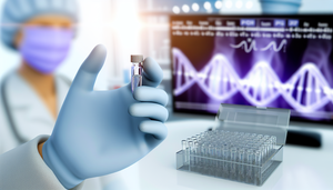 Mano enguantada sosteniendo un vial transparente con muestra de PCR en un laboratorio, simbolizando el diagnóstico del herpes genital mediante tecnología moderna.