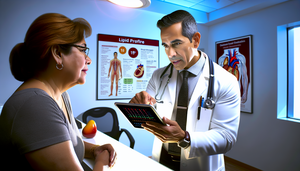 Consulta médica en una clínica moderna donde un médico hispano de unos 40 años, con bata blanca y estetoscopio, explica a una paciente hispana de unos 50 años un gráfico de perfil lipídico en una tableta. La paciente, vestida de manera casual, muestra interés y preocupación. En el fondo, hay carteles médicos sobre salud cardíaca y colesterol.