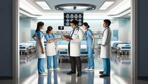 Un grupo diverso de profesionales de la salud, incluyendo un médico hispano y una enfermera asiática, discuten un escaneo cerebral en una tableta digital en un hospital moderno. La escena refleja un entorno colaborativo y dedicado al diagnóstico de la meningitis meningocócica, con énfasis en la atención al paciente.