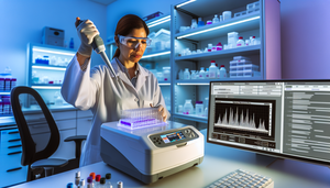 Científica hispana en laboratorio moderno realizando diagnóstico molecular con PCR en tiempo real, destacando tecnología avanzada y precisión en biología molecular.