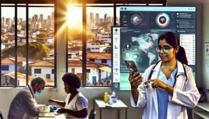 Clínica urbana en una ciudad latinoamericana con profesionales de la salud y pacientes diversos. Un joven médico hispano con bata blanca sostiene un smartphone mostrando una app de salud con datos en tiempo real sobre enfermedades infecciosas. A su lado, una enfermera afro-latina observa un mapa en una tablet con áreas de infección destacadas. En el fondo, una pantalla digital muestra estadísticas epidemiológicas. La escena refleja colaboración y avance tecnológico en diagnóstico móvil y control epidemiológico.