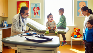 Bright pediatric clinic featuring a Hispanic pediatrician conducting a thorough examination of a smiling young child on an exam table, while a parent attentively observes. The setting exemplifies a comprehensive approach to pediatric diagnosis, highlighting critical points in managing common infections and specific clinical presentations.
