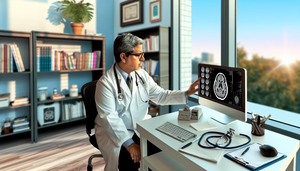 Consultorio médico iluminado con luz natural, donde un doctor hispano de mediana edad, con bata blanca y gafas, revisa atentamente una imagen de un cerebro en una pantalla de computadora. La imagen muestra áreas destacadas del cerebro, sugiriendo un enfoque en el diagnóstico precoz de Alzheimer y la diferenciación de la demencia vascular. En el fondo, se observa una estantería con libros médicos y una planta, creando un ambiente cálido y profesional.