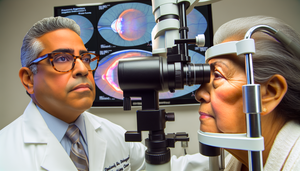 Un oftalmólogo hispano de unos 40 años examina el ojo de una paciente hispana de unos 60 años con una lámpara de hendidura en una clínica moderna. En el fondo, una pantalla digital muestra imágenes detalladas de una retina con signos de retinopatía diabética, incluyendo microaneurismas, exudados duros, neovascularización y hemorragias retinianas.