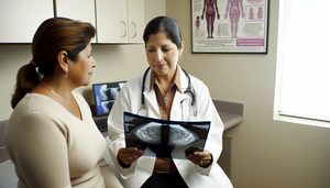 Doctora hispana en consultorio médico explicando una mamografía a una paciente hispana, destacando la importancia del diagnóstico temprano y la detección precoz del cáncer de mama. En el fondo, se observan carteles educativos sobre el cáncer de mama.