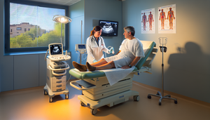 Sala de examen médico en un hospital español con un paciente hispano de mediana edad en una camilla. Una doctora hispana realiza una ecografía Doppler en la pierna del paciente, mostrando imágenes claras de las venas en la pantalla del ecógrafo. La escena destaca la importancia del diagnóstico preciso de la trombosis venosa profunda.