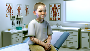 Hispanic 6-year-old boy on a medical examination table, displaying characteristic vesicular rash of chickenpox on the face, arms, and torso. The clinical setting emphasizes the skin lesions, relevant for chickenpox diagnosis and potential infectious complications.