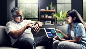Hombre hispano de mediana edad en una sala de estar moderna, usando un smartwatch que muestra signos vitales. A su lado, una joven hispana utiliza una tableta con una aplicación de monitoreo de salud. La escena refleja el uso de tecnología para la monitorización en tiempo real y el diagnóstico continuo en un entorno familiar.
