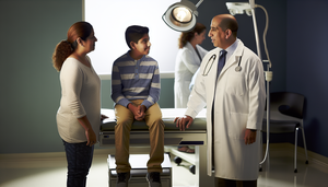 Consulta médica en un hospital moderno con un doctor hispano explicando un diagnóstico a un adolescente y su madre. El enfoque está en la comunicación empática, con un diagrama de anatomía muscular en la pared, sugiriendo un contexto de distrofia muscular.