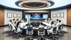 Un grupo diverso de profesionales médicos participa en una sesión de aprendizaje colaborativo en una sala de conferencias moderna y bien iluminada. Un hombre hispano de mediana edad, vestido con una bata blanca, presenta un infográfico sobre educación médica en una pantalla digital. La sala está equipada con tecnología avanzada, sugiriendo un entorno de aprendizaje híbrido. La atmósfera refleja enfoque y entusiasmo por la educación médica continua y el desarrollo profesional.