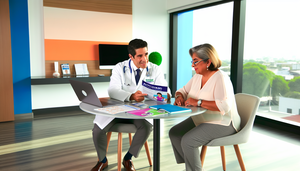 Modern and bright medical office with a professional atmosphere. A Hispanic physician in a white coat provides clear instructions on a health plan to a middle-aged Hispanic patient, who is holding a brochure titled