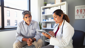 Un paciente hispano de mediana edad, con expresión pensativa y ligeramente preocupada, observa una tableta con una lista de medicamentos en una oficina médica moderna. Una doctora hispana, vestida con bata blanca y estetoscopio, le explica atentamente, destacando la importancia de la comunicación en el cuidado médico.