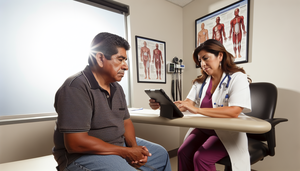 Un hombre hispano de mediana edad en el consultorio de una doctora hispana, quien le muestra un diagrama en una tableta sobre el edema en las piernas, relacionado con el uso de amlodipino. El ambiente es profesional y de confianza.