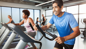 Un hombre y una mujer hispanos de mediana edad ejercitándose juntos en un gimnasio moderno y luminoso. El hombre está en una caminadora y la mujer en una bicicleta estática, ambos lucen saludables y comprometidos con su actividad física. La imagen resalta la importancia del ejercicio en el manejo de enfermedades crónicas.