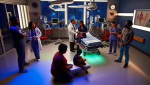Sala de emergencias pediátricas moderna y luminosa con un equipo diverso de profesionales de la salud atendiendo a un niño hispano de 6 años. El niño está calmado, sosteniendo un juguete, mientras el médico explica algo a su madre. La escena refleja un ambiente profesional y compasivo, centrado en el cuidado urgente y atento del niño.