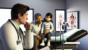 Un médico hispano de unos 40 años revisa atentamente un expediente médico en una sala de consulta, mientras una familia hispana, compuesta por una madre, un padre y un niño, escucha con atención. La escena refleja un ambiente profesional y cálido, subrayando la importancia del diagnóstico temprano y la diferenciación de la enfermedad de Niemann-Pick de Gaucher, especialmente en el contexto de disfunción hepatoesplénica y complicaciones neurológicas.