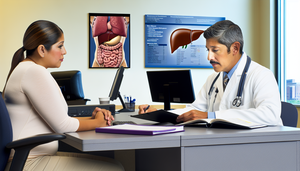Consulta médica en un hospital moderno: un médico hispano de unos 40 años revisa atentamente el historial médico de una paciente joven hispana. En el escritorio, se observan resultados de pruebas de función hepática y libros médicos. En la pared, un póster anatómico del hígado destaca la acumulación de cobre típica de la Enfermedad de Wilson.