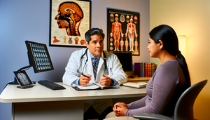 Consultorio médico iluminado donde un doctor hispano de mediana edad explica un gráfico médico a una paciente joven hispana. En el escritorio hay libros médicos y una computadora con una imagen de resonancia magnética cerebral. Las paredes tienen pósters anatómicos del cerebro y el sistema nervioso. La escena resalta la importancia del diagnóstico temprano y la diferenciación en enfermedades como la enfermedad de Von Hippel-Lindau y neurofibromatosis.