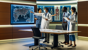 Un grupo diverso de profesionales de la salud, incluyendo un médico hispano, una enfermera asiática y un epidemiólogo afroamericano, se reúne en una sala de conferencias de un hospital moderno. Están analizando un mapa mundial en una pantalla digital que muestra áreas destacadas con brotes de enfermedades infecciosas emergentes, reflejando un ambiente de urgencia y colaboración en la vigilancia y respuesta temprana.