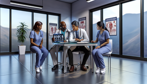 Un grupo diverso de profesionales de la salud, incluyendo un médico hispano, una enfermera afroamericana y una terapeuta ocupacional asiática, revisa un gráfico de salud ocupacional en una tableta digital en una oficina médica moderna. La escena destaca la colaboración profesional y la importancia de la detección temprana y la vigilancia médica en la salud ocupacional.