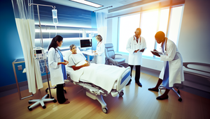 Un grupo diverso de profesionales de la salud colabora alrededor de la cama de un paciente hispano de mediana edad en una habitación de hospital moderna y bien iluminada. Una doctora de ascendencia asiática muestra datos en una tableta al paciente, mientras un enfermero de ascendencia africana ajusta el goteo intravenoso. Una doctora caucásica toma notas en un portapapeles. La escena refleja trabajo en equipo, práctica basada en evidencia y atención centrada en el paciente.