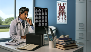 Un médico hispano de unos 40 años, con bata blanca y estetoscopio, revisa atentamente una imagen de RM cerebral en una pantalla de computadora, mostrando áreas destacadas que sugieren un posible ependimoma. En el escritorio hay libros de medicina y notas manuscritas, en un entorno profesional y bien iluminado.