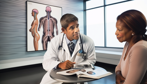 Medical consultation in a professional setting where a middle-aged Hispanic doctor explains to two patients the differences between multiple sclerosis and ALS. On the table, there are open medical books and a tablet displaying a brain magnetic resonance imaging, highlighting the neurological focus of the discussion. In the background, an anatomical poster of the nervous system reinforces the topic of progressive weakness and electromyography.