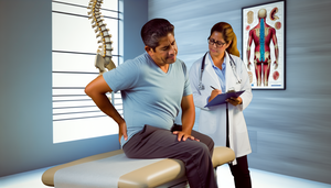 Medical consultation in an examination room, featuring a middle-aged Hispanic patient in a hospital gown expressing discomfort in the lower back. A Hispanic female doctor in her 40s listens attentively while holding a clipboard. On the wall, there are anatomical charts of the spine, and a spinal model on a nearby desk, emphasizing the focus on spinal health and the importance of differentiating between ankylosing spondylitis and mechanical low back pain, as well as assessing lumbar stiffness and axial inflammation using the Schober test.