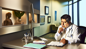 Un médico hispano de mediana edad, con expresión pensativa, revisa un expediente médico en un consultorio moderno y bien iluminado. Lleva una bata blanca y un estetoscopio, y está rodeado de libros médicos y una computadora portátil. La atmósfera es profesional y acogedora, con certificados en la pared y una planta que aporta frescura.