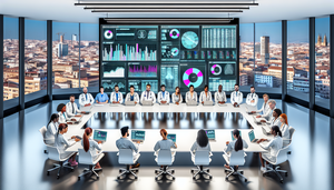 A diverse group of doctors, both men and women from various ethnic backgrounds, gathers in a modern hospital office in Spain. They are collaborating around a large table, analyzing graphs and tables of clinical indicators and medical KPIs displayed on a digital screen. The scene reflects a teamwork and innovation environment focused on enhancing healthcare outcomes and productivity assessment.