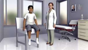 Un niño hispano de 10 años sentado en una camilla de hospital, mostrando incomodidad y sujetando su pierna, mientras una doctora hispana examina su pierna, ilustrando la importancia de reconocer fiebre y dolor óseo en el diagnóstico temprano del sarcoma de Ewing en niños.