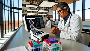 Un médico hispano de unos 40 años examina un dispositivo de diagnóstico molecular portátil en un laboratorio moderno, rodeado de tecnología innovadora. Una enfermera hispana interactúa con un monitor táctil que muestra datos de pacientes y resultados de pruebas. El entorno refleja un enfoque avanzado en exámenes de laboratorio y diagnóstico en el punto de atención.