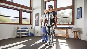 Sala de clínica de rehabilitación moderna y luminosa con un hombre hispano de mediana edad usando un exoesqueleto avanzado para mejorar la movilidad. Una fisioterapeuta hispana ajusta los controles del exoesqueleto, simbolizando el uso de tecnología avanzada y cuidado profesional en la terapia postoperatoria.