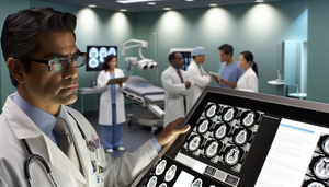Fotografía de un neurocirujano hispano de unos 40 años revisando escaneos cerebrales de un meningioma en un hospital moderno. Lleva una bata blanca y gafas, mostrando una expresión de concentración. Al fondo, un equipo médico diverso discute con gráficos y tabletas, reflejando un ambiente de colaboración en un entorno de alta tecnología.