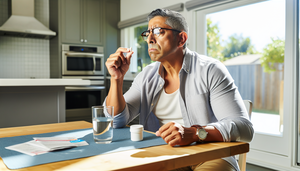 Hombre hispano de mediana edad sentado en una cocina moderna, observando pensativamente una pastilla blanca en su mano. En la mesa hay un vaso de agua y un frasco de famotidina, destacando la importancia de usar medicamentos con precaución.