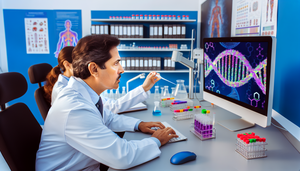 A Hispanic physician in his 40s, wearing a white coat, carefully examines a DNA sequence on a computer screen in a modern laboratory. Next to him are open medical books and vials labeled with genetic biomarkers. In the background, a Hispanic female scientist in her 30s uses a pipette with test tubes. The setting reflects advanced research in pharmacogenetics and personalized medicine, highlighting the importance of biomarkers in therapeutic efficacy and the prevention of adverse reactions.
