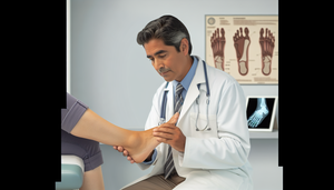 A Hispanic physician in his 40s examines the foot of a Hispanic patient in a modern medical consultation room. The patient is seated on an examination table with her leg extended, while the doctor palpates the heel area, focusing on diagnosing heel pain related to conditions like plantar fasciitis and Achilles tendinitis. In the background, anatomical posters of the foot and a digital tablet displaying an X-ray image of the foot highlight a contemporary clinical environment, emphasizing the importance of podiatry and stretching exercises in treatment.