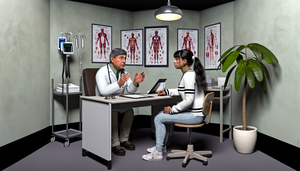 Consulta médica en la que un doctor hispano de mediana edad, con bata blanca y estetoscopio, escucha atentamente a una joven hispana que describe sus síntomas con expresión de ansiedad. El médico sostiene un portapapeles con notas médicas, y un monitor de presión arterial está visible en el escritorio. La imagen refleja un ambiente profesional y empático, relevante para discutir diferencias entre feocromocitoma y trastorno de pánico.