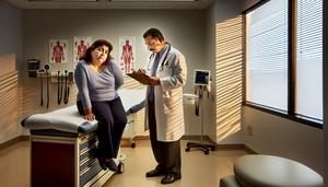 A middle-aged Hispanic woman with a thoughtful and slightly fatigued expression is sitting on an examination table in a well-lit medical consultation room. A Hispanic doctor in his 40s is listening attentively while taking notes. The image conveys empathy and understanding in a clinical setting, emphasizing the importance of comprehensive patient evaluation in the context of fibromyalgia, chronic fatigue syndrome, musculoskeletal pain, and persistent fatigue.