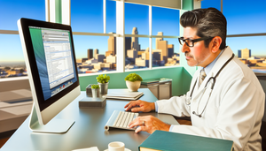 A middle-aged Hispanic physician in a white coat and glasses reviews a digital pre-visit questionnaire on his computer screen in a modern medical office. The desk is adorned with medical books, a stethoscope, and a coffee mug. This scene illustrates the use of technology for patient filtering and reducing in-person consultations, ultimately optimizing physician time.