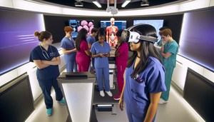 Un grupo diverso de residentes médicos en una sala de simulación moderna y bien iluminada, enfocados en un entorno de realidad virtual. Una residente hispana joven lleva un visor de VR, participando en un procedimiento de diagnóstico simulado, mientras otros observan un modelo 3D de anatomía humana en una pantalla digital grande. La escena resalta el uso de tecnología avanzada en la formación médica.
