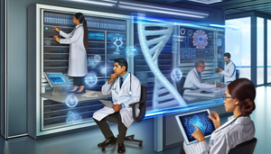 Un laboratorio moderno y tecnológico donde un doctor hispano analiza datos bioinformáticos en una pantalla digital transparente, mientras una científica asiática revisa secuencias genómicas en una tableta. Al fondo, un investigador caucásico trabaja con una interfaz holográfica mostrando estructuras de ADN. El entorno refleja innovación y colaboración en bioinformática clínica, con tecnología avanzada y almacenamiento de datos simbolizando el uso de big data e inteligencia artificial en la investigación médica.