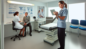 Sala de consulta médica moderna y bien iluminada en España, con una enfermera española revisando una tableta digital, simbolizando eficiencia y cuidado. Al fondo, un médico conversa amigablemente con un paciente relajado. La habitación está equipada con tecnología médica moderna y un póster de protocolos de cuidado en español, reflejando profesionalismo y atención compasiva.