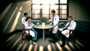 Hospital break room featuring a diverse group of physicians engaging in relaxed conversation around a table. One physician holds a coffee cup while another reviews a chart on a tablet. The atmosphere emphasizes collaboration and support, highlighting the significance of stress management, physician burnout prevention, and clinical practice efficiency for improved work-life quality.