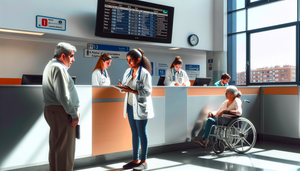 Sala de espera de hospital en España con pacientes y profesionales de la salud. Un médico hispano de mediana edad conversa con una paciente joven, mientras una enfermera de ascendencia africana asiste a un anciano en silla de ruedas. El ambiente es organizado y eficiente, con un tablero digital mostrando tiempos de espera y carteles informativos en las paredes.