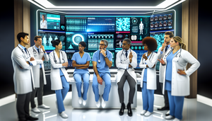 Un grupo diverso de profesionales de la salud, incluidos médicos y enfermeras de diferentes etnias, se reúne alrededor de una pantalla digital grande que muestra una interfaz de historia clínica electrónica. La pantalla presenta datos del paciente, como gráficos y alertas, en un entorno hospitalario moderno y bien iluminado. La imagen destaca la colaboración y el uso de tecnología avanzada para una atención proactiva.