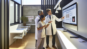 Oficina médica moderna en España con un equipo diverso de profesionales de la salud colaborando frente a una pantalla digital que muestra un sistema de gestión de pacientes. El equipo incluye un médico hispano de mediana edad, una enfermera joven con una tableta y un administrador, todos discutiendo sobre la interfaz que presenta datos de pacientes, horarios y recordatorios de seguimiento. El entorno es profesional y acogedor, destacando la importancia de la tecnología y el trabajo en equipo en la organización clínica y el seguimiento del paciente.