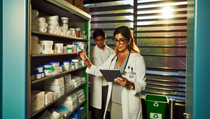 Una doctora hispana de unos 40 años, con bata blanca y gafas, revisa el inventario en una tablet en una sala de almacenamiento médico bien organizada y sostenible. A su lado, un enfermero hispano joven organiza suministros. La sala está iluminada con luz natural, con estantes ordenados y etiquetados, y un contenedor de reciclaje visible, destacando la eficiencia y la conciencia ambiental.