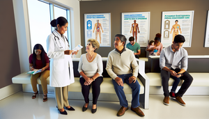 Un grupo diverso de personas de diferentes edades y etnias en la sala de espera de una clínica médica moderna. Un médico hispano de mediana edad conversa amigablemente con una mujer caucásica mayor que sostiene un folleto sobre cribados de salud. La atmósfera es acogedora, destacando la importancia de los exámenes de salud preventivos para todas las edades.
